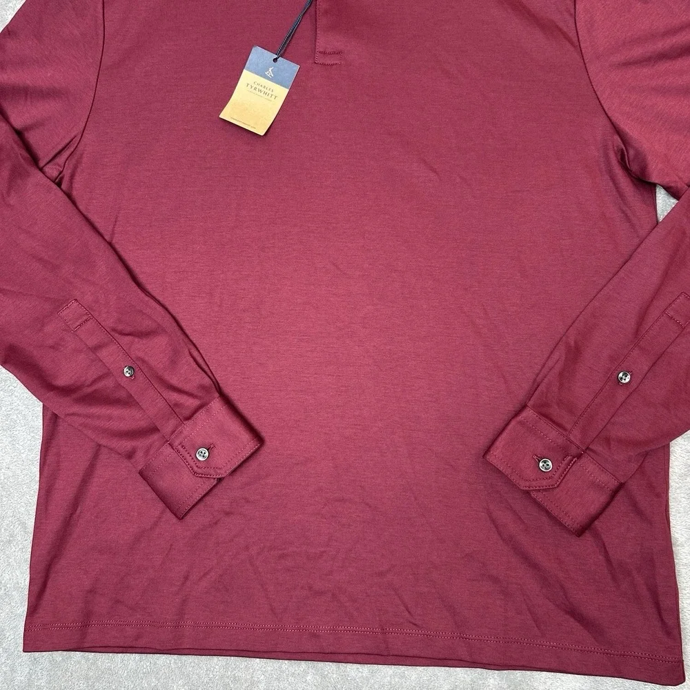 Charles Tyrwhitt Mens Medium Long Sleeves Polo Wine Red Shirt 100% Cotton Shirt - Picture 14 of 16